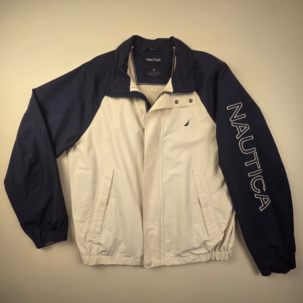 Nautica Mens Colorblock Windbreaker Jacket Navy Blue Cream Size M JR1350